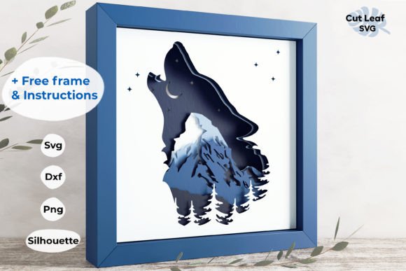 Wolf and Mountain Nature Relief Shadow Boxes 3D SVG