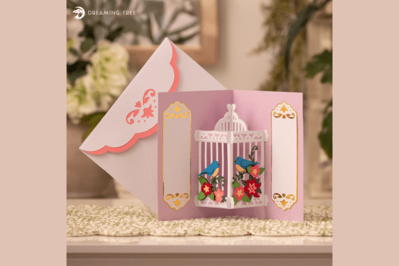 Romantic Popup Card SVG Files With Bird Cage Scene
