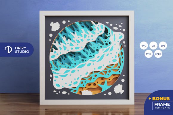 Beach Waves 3D Shadow Box Template SVG
