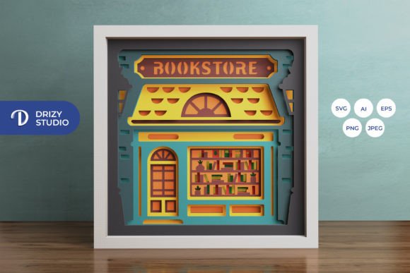 Bookstore Interior Shadow Box Cut File With Layered Shelves