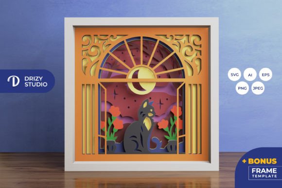 Cat on the Window 3D Paper Shadow Box Moon Scene