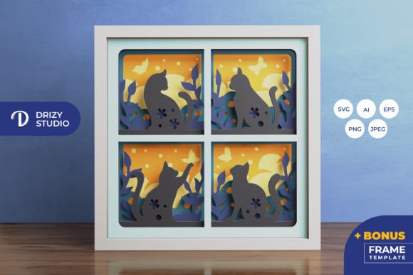 Cat With Butterflies Shadow Box Template SVG Design