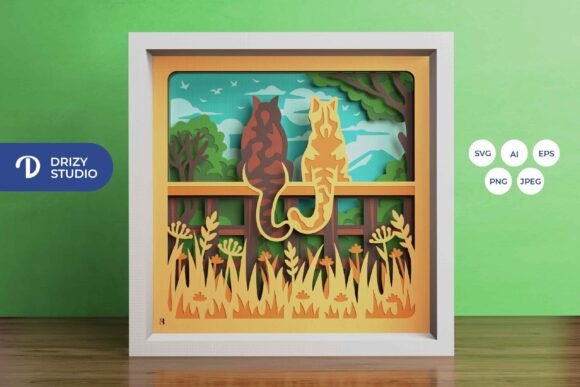 Cats on the Fence Paper Shadow Box SVG Illustration