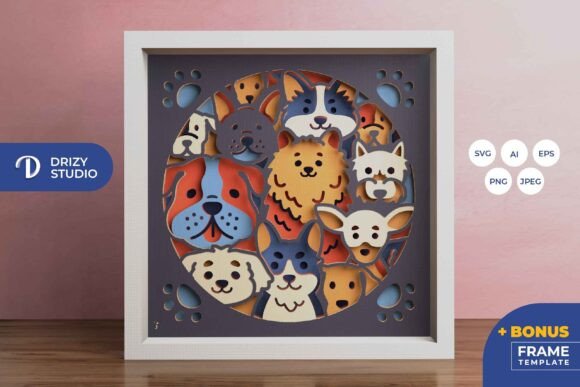 Colorful Puppies 3D Layered Shadow Box Template SVG Design