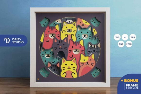 Colorful Cat 3D Layered Shadow Box Template SVG