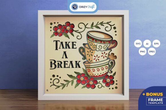 Floral Stack Of Tea Cup Shadow Box Template SVG