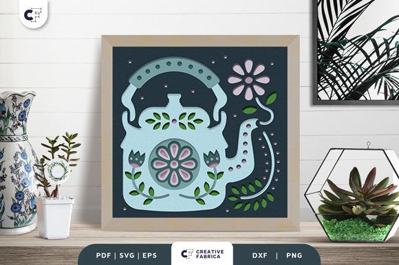 Folk Teapot Flower Shadow Box Svg Light Decor