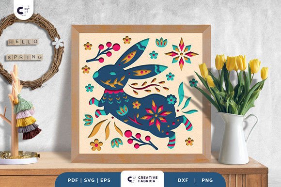 Folk Art Rabbit Shadow Box Paper Art Design