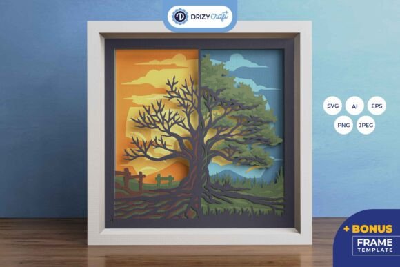 Half Green Half Bald Tree Shadow Box Cut File Design