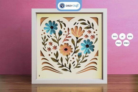 Heart Shaped Flowers 3D Shadow Box Template SVG