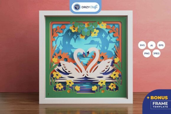 Heart Shaped Swan Couple 3D Paper Shadow Box
