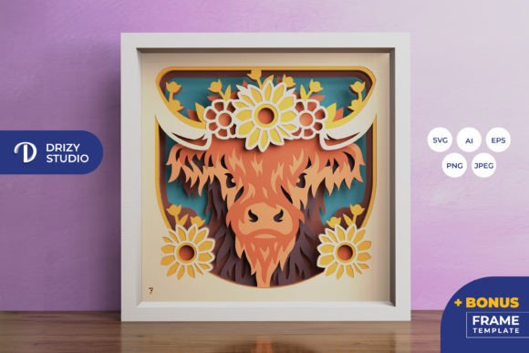 Highland Cow Layered Scene 3D Paper Shadow Box Design