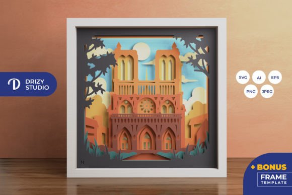 Notre Dame Paris 3D Shadow Box Template SVG