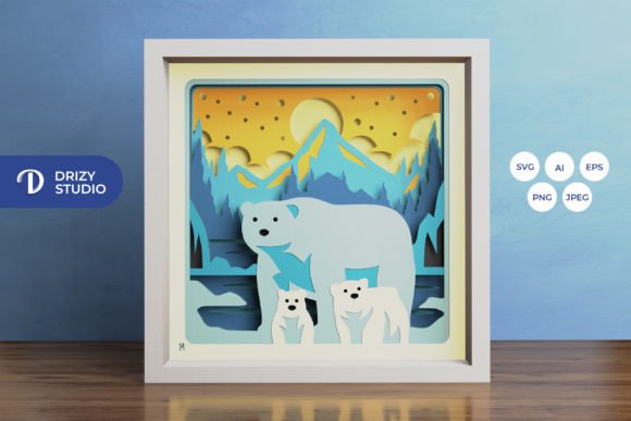 Polar Bear Family 3D Paper Shadow Box Piece