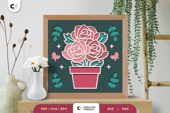 Romantic Pot Rose Flower Shadow Box Svg Artwork
