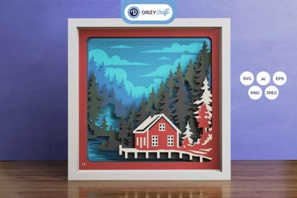 Red Home in Forest Paper Shadow Box SVG Piece