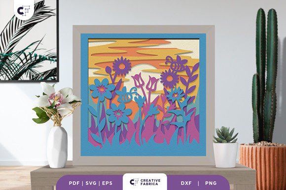 Sunset Meadow Flower Shadow Box Svg Scene