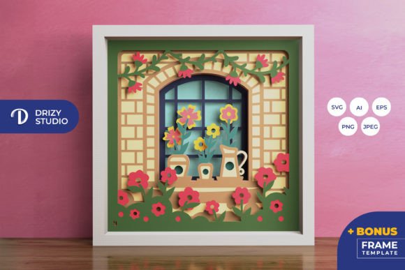 Spring Window 3D Shadow Box Template SVG