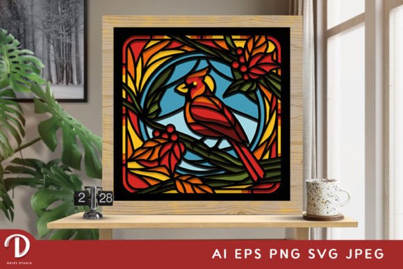 Stained Glass Cardinal Scene 3D Paper Shadow Box Artwork