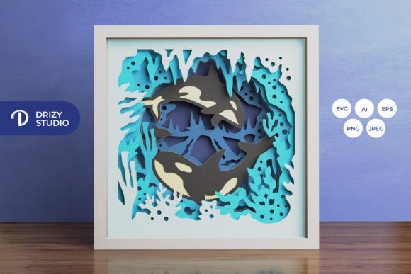 Swimming Orca 3D Shadow Box Template SVG