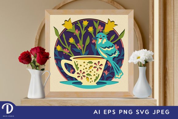 Tea Cup Bird Shadow Box Svg Keepsake