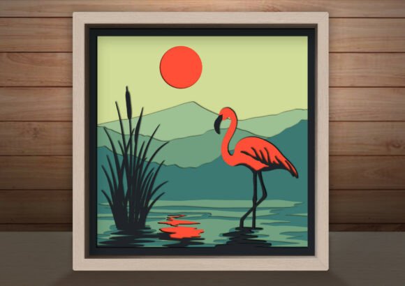 Tropical Flamingo Bird Shadow Box Svg Sunset