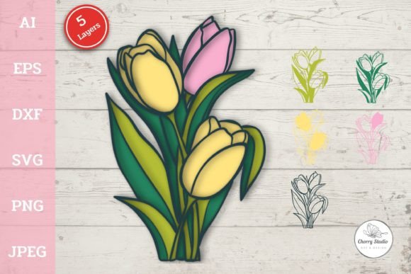 3D Paper Tulip SVG Layered Flower Art