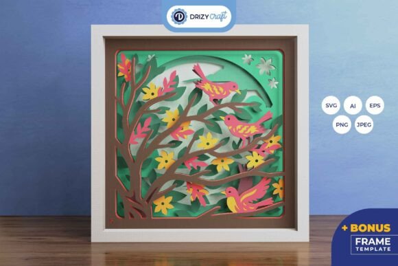 Soft Tree Shadow Box Svg With Birds