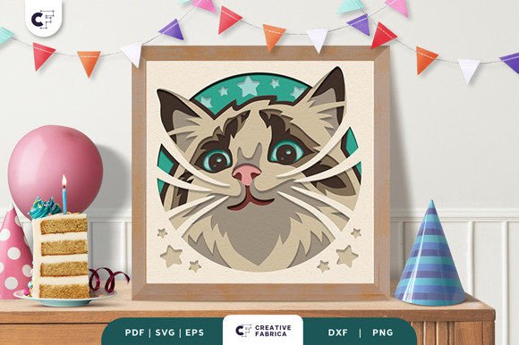 Birthday Whiskers Cat Shadow Box Svg Art
