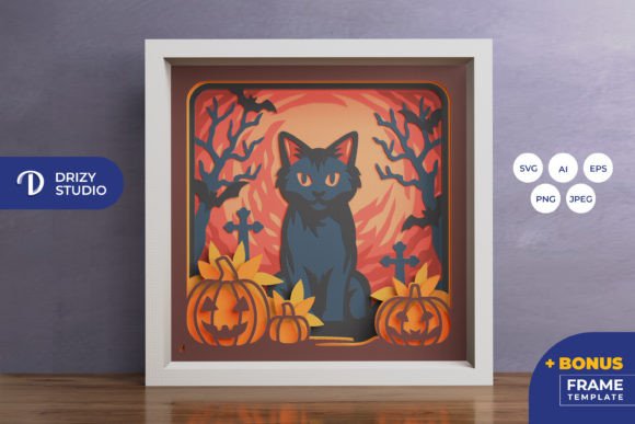 Black Cat Halloween Shadow Box Svg Art