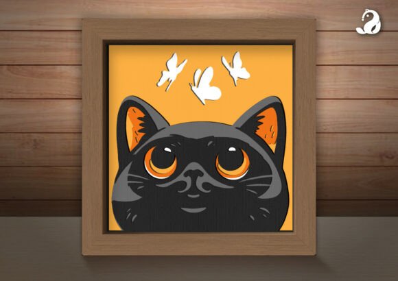 Curious Black Cat Shadow Box Svg White Butterflies