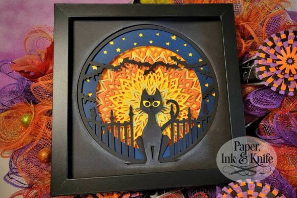 Mandala Moon Cat Shadow Box Svg Art