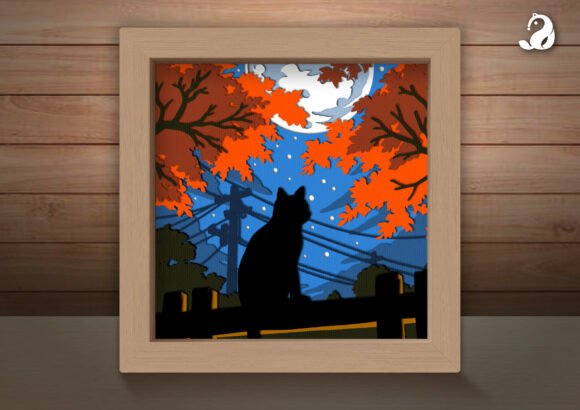 Moonlit Cat Shadow Box Svg Fence Scene