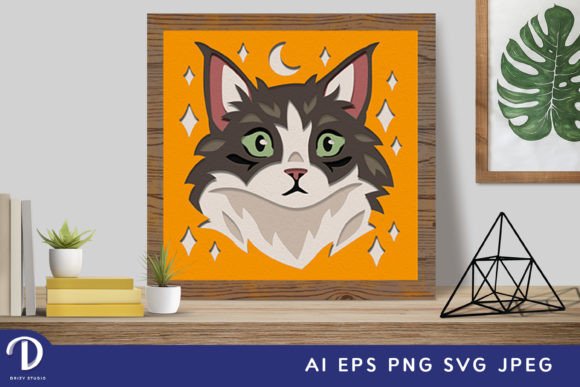 Whiskered Cat Shadow Box Svg Portrait