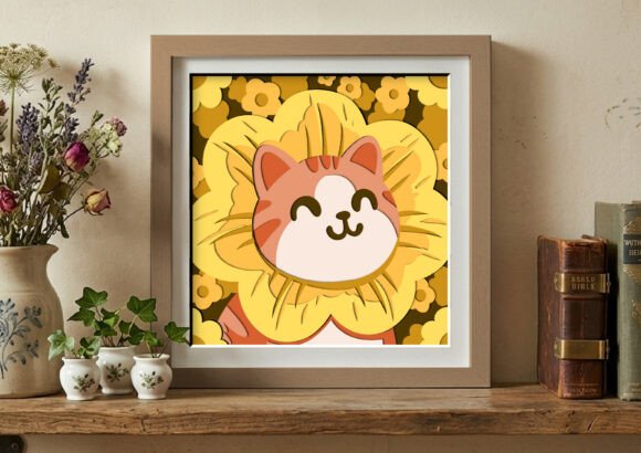 Sunflower Whimsy Cat Shadow Box Svg Art