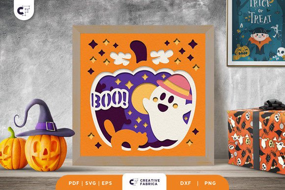 Cute Ghost Pumpkin Shadow Box Svg Decor