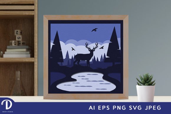 Lakeside Deer Nature Shadow Box Svg Scene