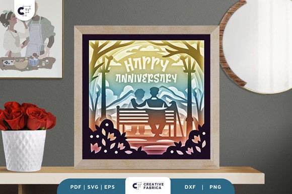 Elderly Couple Anniversary Shadow Box SVG Art