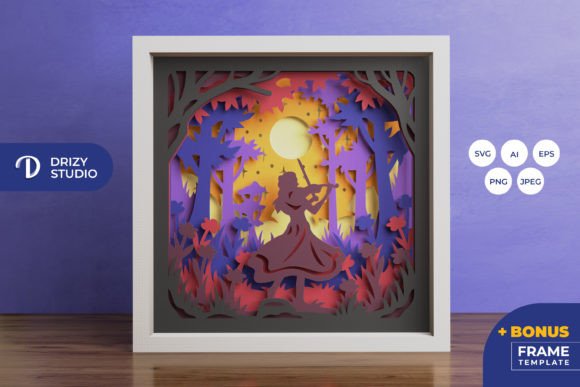 Violin Girl Shadow Box Design SVG Art