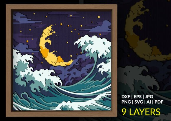 Great Wave Shadow Box Design SVG Moon