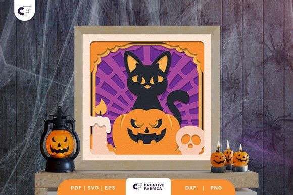 Black Cat Pumpkin Shadow Box Svg Charm