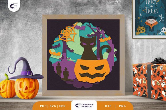 Black Cat Pumpkin Shadow Box Svg