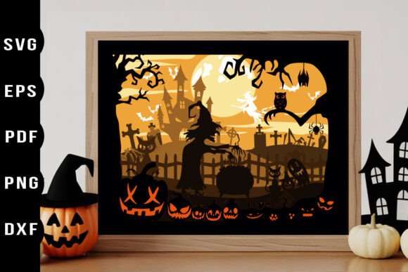 Witch Scene Halloween Shadow Box Svg Art