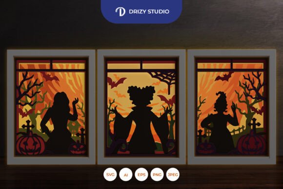 Three Witches Halloween Shadow Box Svg Scene