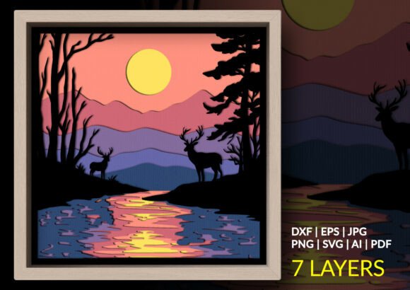Lake Deer Nature Shadow Box Svg Sunset