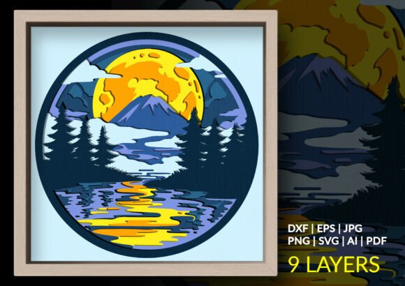Moonlit Lake Nature Shadow Box SVG Scene