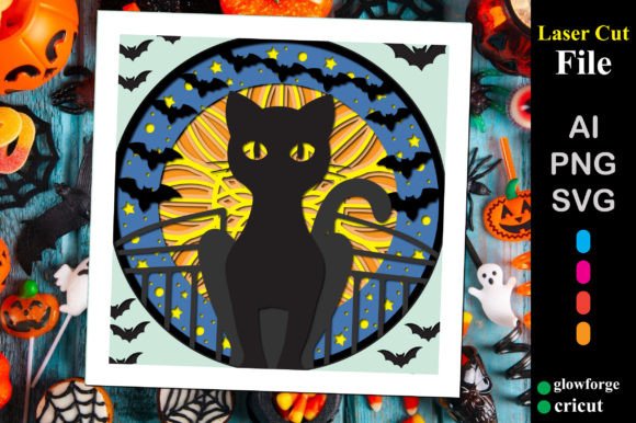 Black Cat Halloween Shadow Box Svg Art