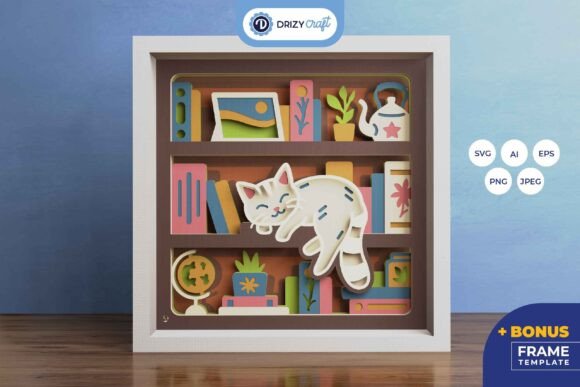 Sleeping Cat Shadow Box Svg Bookshelf