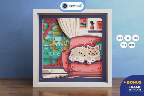 Sleeping Cat On The Couch Shadow Box Svg