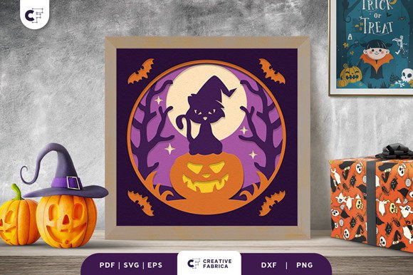 Witch Cat Pumpkin Shadow Box Svg Moonlight